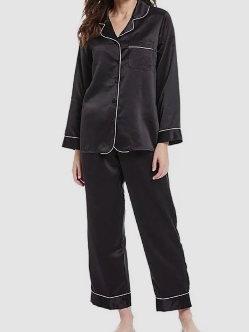 Cabernet  Black Satin Piped Women's Pajama Set - Classic Sleepwear size small